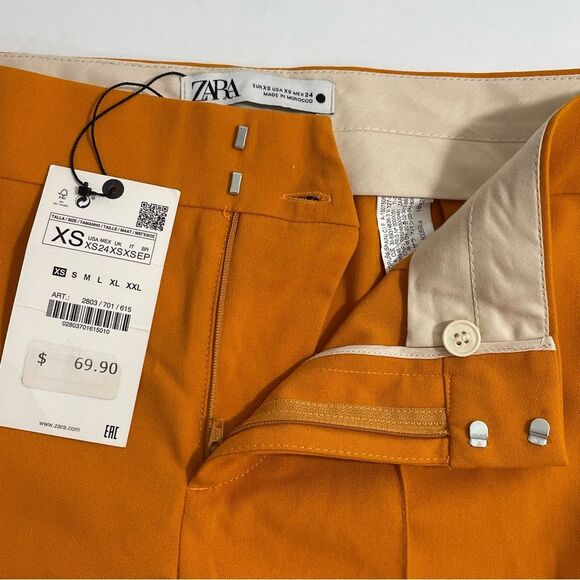 NWT Zara Pants Women's Size XS Mid Rise Flared Flat Front Orange Yellow Trousers - Picture 6 of 9